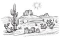 Desert landscape vector illustration with saguaro and opuntia blooming cactus. Royalty Free Stock Photo