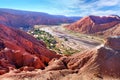 Desert landscape of village and dry river near San Pedro de Atacama, Chile, viewed from Pukara de Quitor, against a blue