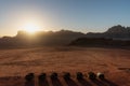 Desert landscape, Wadi Rum desert in Jordan at sunrise. Bedouin camp site Royalty Free Stock Photo