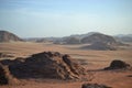 Desert tour through sand dunes of Wadi Rum wilderness, Jordan, Middle East, hiking, climbing, driving Royalty Free Stock Photo