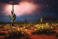 desert lightning storm with cacti silhouettes Royalty Free Stock Photo