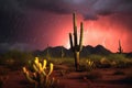 desert lightning storm with cacti silhouettes Royalty Free Stock Photo