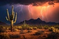 desert lightning storm with cacti silhouettes Royalty Free Stock Photo