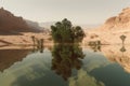 desert mirage with distant oasis, with an optical illusion of water and vegetation