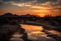 desert mirage reflecting the colors of a sunset, with silhouettes of mountains in the background