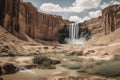 desert mirage of towering waterfall, surrounded by arid desert landscape Royalty Free Stock Photo