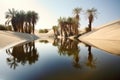 desert mirage of water reflection and palm trees, with reality being endless dunes