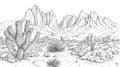 Desert landscape with saguaro cactus and jagged mountains, line art drawing Royalty Free Stock Photo