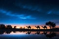 Desert mystique Camels in silhouette against a starlit evening sky