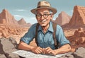Desert Navigator: Explorer with Map Amidst Towering Plateaus