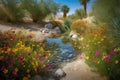 desert oasis with babbling brook and colorful flowers