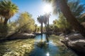 desert oasis with clear blue sky and sunlight shining through the trees Royalty Free Stock Photo