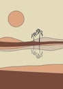 Desert oasis in daytime and water minimalistic printable illustration. Dunes and palms