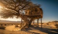 A Desert Oasis: The Enchanting Tree House in the Barren Sands. A tree house in the middle of the desert Royalty Free Stock Photo