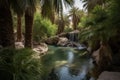 desert oasis with flowing waterfalls, surrounded by greenery and palm trees Royalty Free Stock Photo