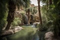 desert oasis with flowing waterfalls, surrounded by greenery and palm trees Royalty Free Stock Photo