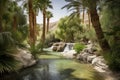 desert oasis with flowing waterfalls, surrounded by greenery and palm trees Royalty Free Stock Photo