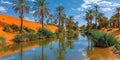 Desert oasis: green palm trees and a lake with crystal clean water, surrounded by endless desert Royalty Free Stock Photo