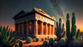 Desert Oasis: Illustration of an Ancient Greek Temple Amidst Cacti at Sunset