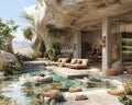 Desert oasis with a natural pool and shaded lounging areas3D render