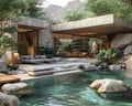 Desert oasis with a natural pool and shaded lounging areas3D render