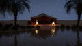 Desert oasis at night with Bedouin tent and stars in the sky. 3D illustration