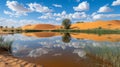 Desert Oasis with Reflected Clouds and Lush Vegetation Royalty Free Stock Photo