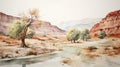 Desert Oasis A Serene Watercolor Depiction Of A River In The Desert