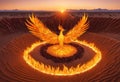 A desert oasis in the shape of a phoenix rising from the ashes.