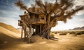 A Desert Oasis: A Solitary Tree House Amidst the Barren Sands. A tree house in the middle of a desert Royalty Free Stock Photo