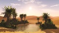 Desert oasis at sunset