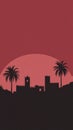 Desert oasis town with date palms on maroon background Royalty Free Stock Photo