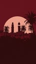 Desert oasis town with date palms on maroon background Royalty Free Stock Photo