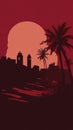 Desert oasis town with date palms on maroon background Royalty Free Stock Photo