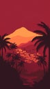 Desert oasis town with date palms on maroon background Royalty Free Stock Photo