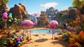 A desert oasis transformed into a vibrant paradise, with colorful flowers and exotic animals joining forces to create a unique and