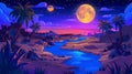 Desert oasis under full moon starry sky. Cartoon land with river, sand dunes, palm trees, and plants, modern parallax Royalty Free Stock Photo