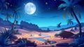 A desert oasis under a full moon starry sky. Cartoon landscape river, sand dunes, palm trees and plants, modern parallax Royalty Free Stock Photo