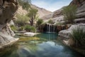 desert oasis with waterfalls and rock pools on a mountainside