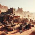 Desert outpost in a harsh, unforgiving environment, with makeshift buildings and scavenged technology