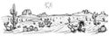 Desert panorama landscape, vector illustration. Arizona line sketch with cactuses and rocks.