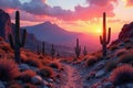 Desert pathway at sunset a serene vista of majestic cacti and a vibrant sky. Generative AI Royalty Free Stock Photo