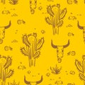 Desert pattern seamless hand drawing. cow skull and cactus background Royalty Free Stock Photo