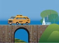 taxi van moving actoss the stone bridge