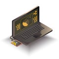 Hacker\'s laptop with cyberpunk gui on the screen