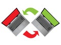 two laptop computers with green and red arrows, data exchange, backup concept Royalty Free Stock Photo