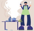 Flat style vector illustratio of a male character. Confused business man in apron