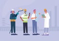 Characters in hard hats holding tools and blueprints, Construction workers and engineers Royalty Free Stock Photo