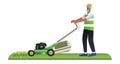 Male flat character of gardener mowing grass. Royalty Free Stock Photo