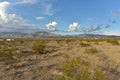 Desert plants under white and gray clouds blue sky over Mojave Desert landscape town of Pahrump, Nevada, USA